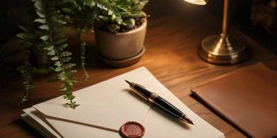 Pen and sealed letter on a wooden desk with plants and lamp.