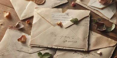 Old handwritten letters with dried flower petals scattered around.