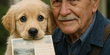 A puppy holding a postcard next to a smiling elderly man.