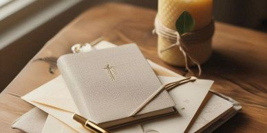 Religious journal and pen on a wooden table.