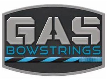 Logo for GAS Bowstrings with bold silver and blue text.