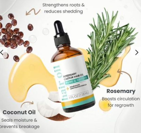 Rosemary castor hair oil with coconut oil and rosemary for hair health.