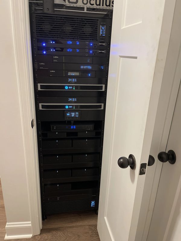 AV Rack with Sonos amps, LEA Connect amps, AC Infinity Fans and wattbox power