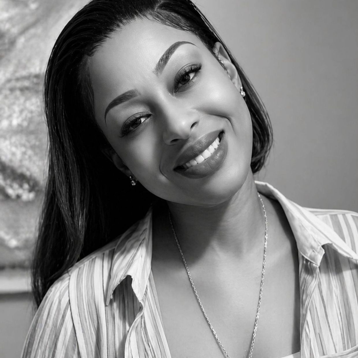 Black and white portrait of a smiling woman with elegant makeup and jewelry.