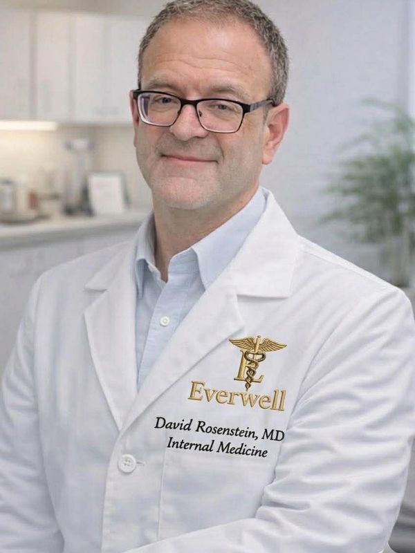 Portrait of a male doctor in a white coat with Everwell logo.