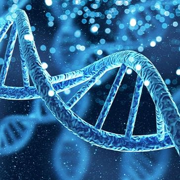 Close-up of a glowing blue DNA double helix structure.