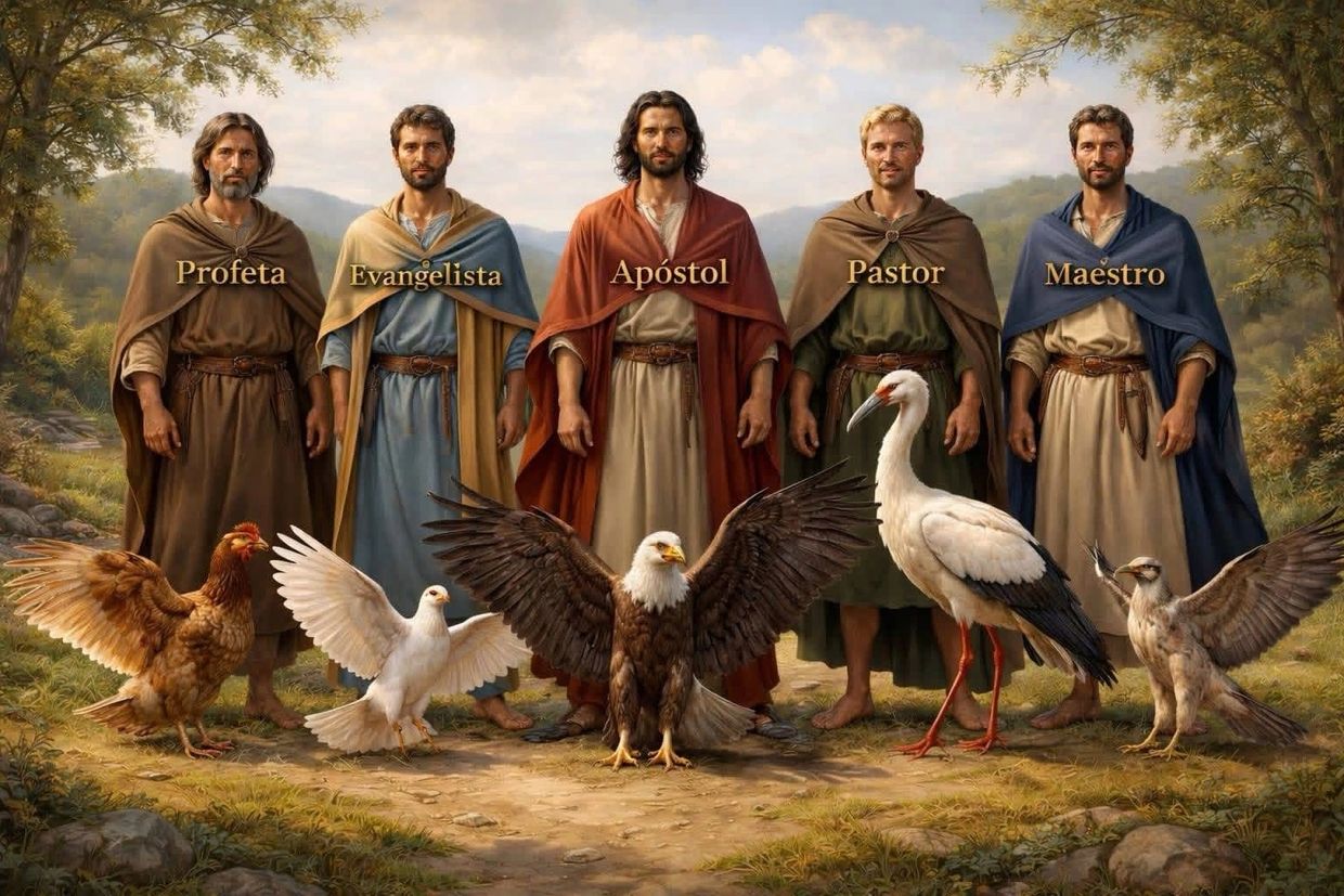 Five men labeled as religious roles with corresponding birds in front of them.