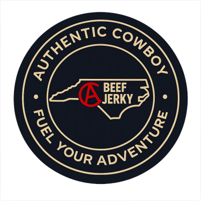 Logo for Authentic Cowboy Beef Jerky with a North Carolina map.