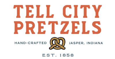 Tell City Pretzels vintage logo with pretzel icon - hand-crafted Indiana bakery established 1858
