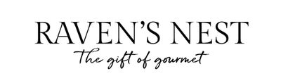 Text logo for Raven's Nest, The gift of gourmet, known for Southern jams, butters, salsas, & spices
