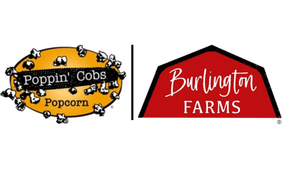 Poppin’ Cobs Popcorn logo with popped corn kernels and Burlington Farms red barn logo
