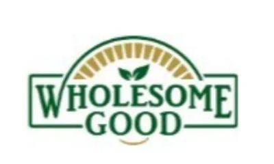 Logo of Wholesome Good with green and gold design.