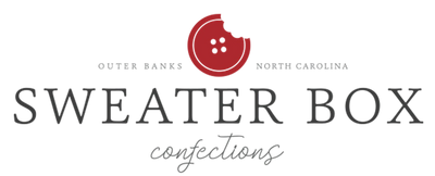 Sweater Box Confections logo with red button design - Outer Banks North Carolina bakery brand