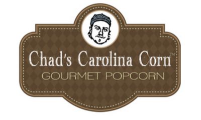 Chad's Carolina Corn logo with man’s face sketch and text “Gourmet Popcorn” on brown label