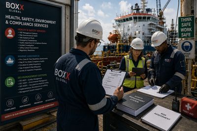 Workers in safety gear conducting health and safety checks near a ship.