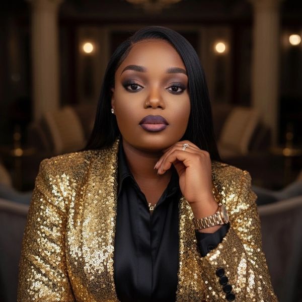 Confident woman dressed in a sparkling gold blazer and black shirt, posing with elegance indoors.