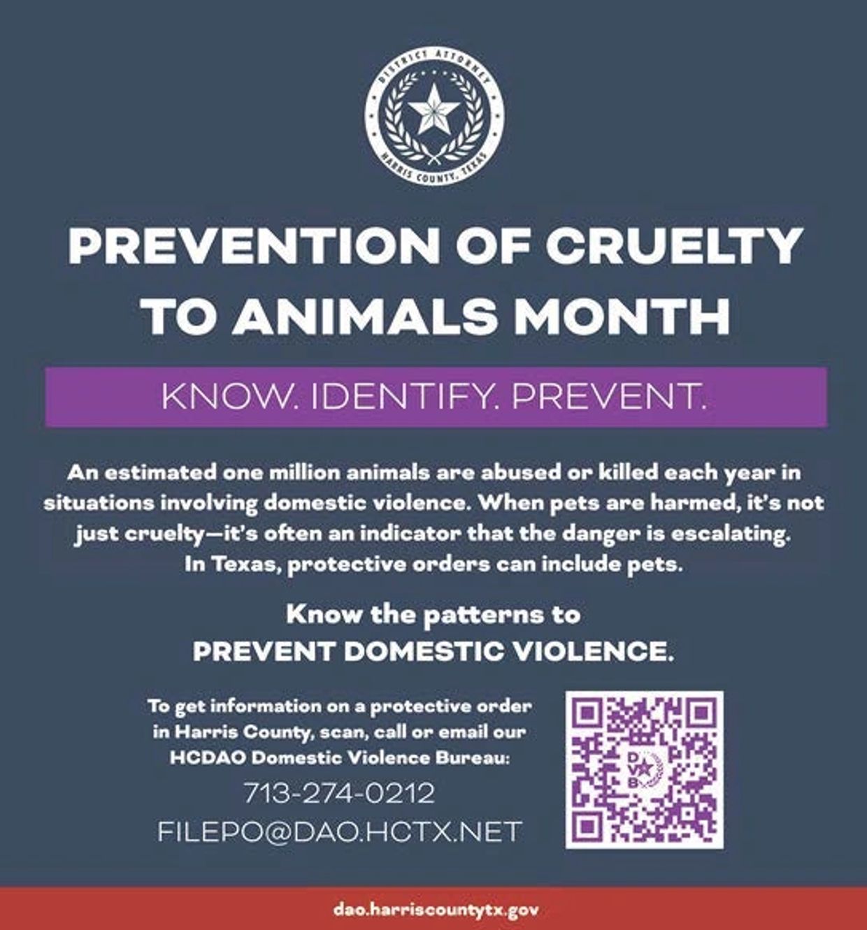 Awareness poster for Prevention of Cruelty to Animals Month by Harris County DA.