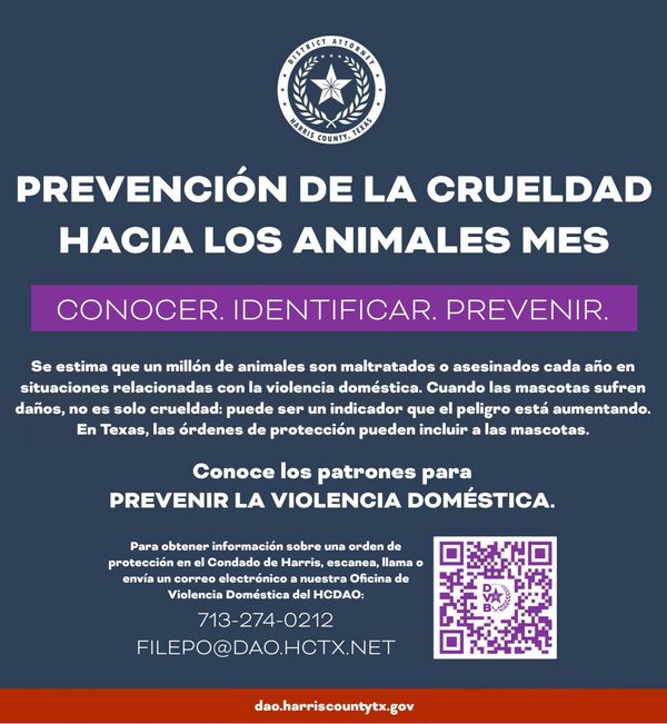 Campaña de prevención de crueldad hacia animales y violencia doméstica en Harris County, Texas.