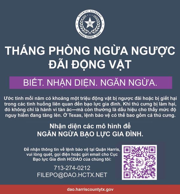Thông tin về Tháng phòng ngừa ngược đãi động vật và bạo lực gia đình tại Texas.