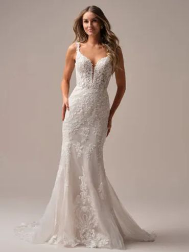 Woman in elegant lace wedding dress.