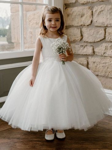 A young girl in a white dress holding flowers.