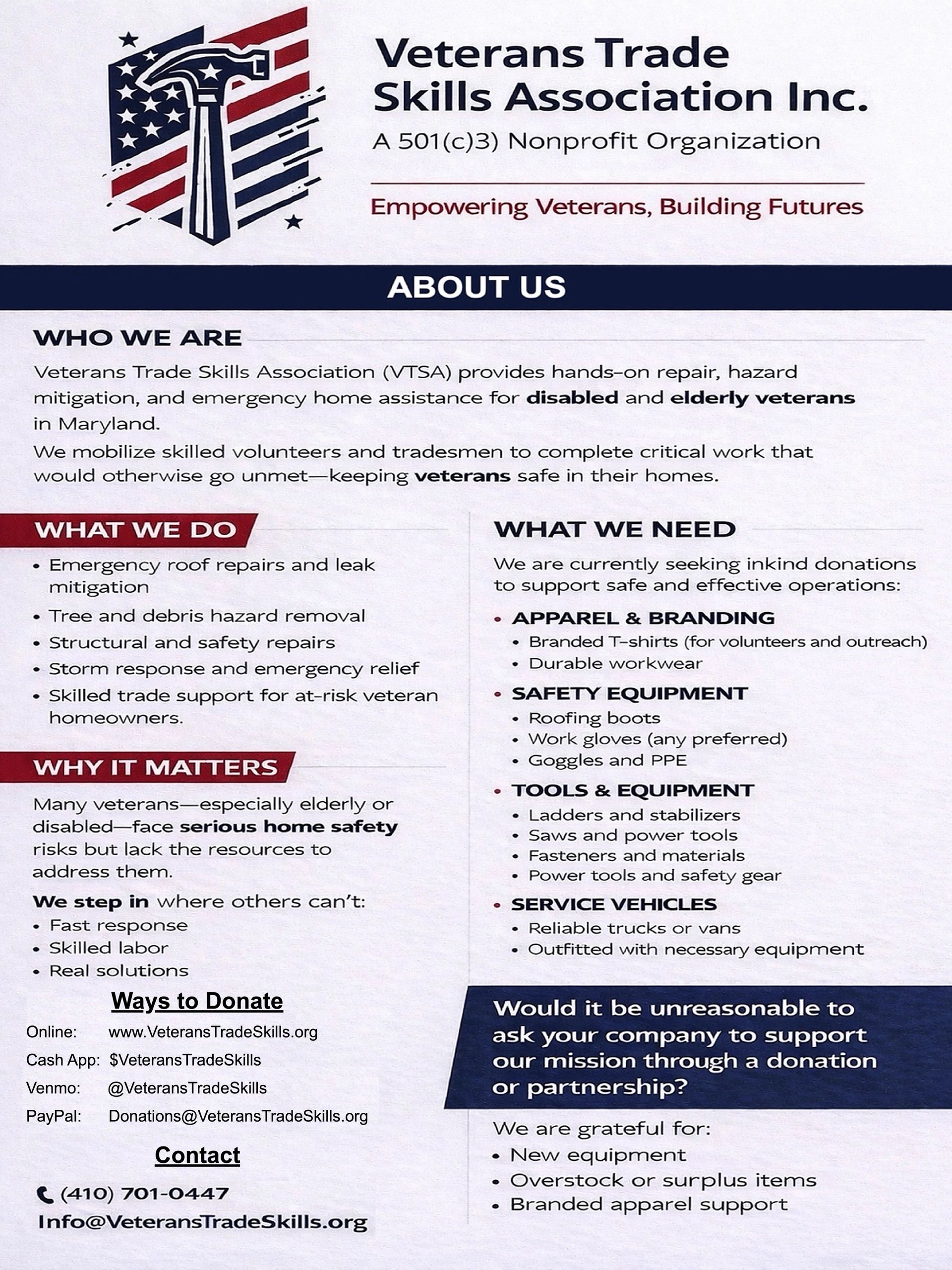 Flyer for Veterans Trade Skills Association supporting disabled and elderly veterans with home repairs.