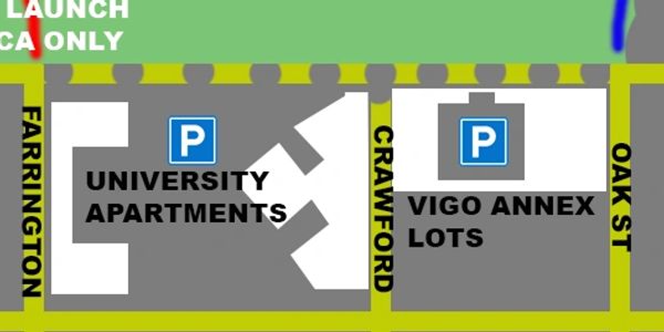 Map showing University Apartments and Vigo Annex Lots with parking areas.
