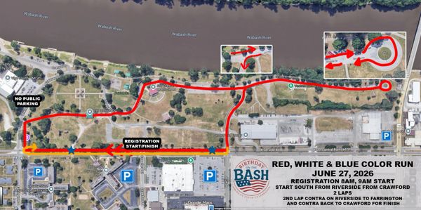 Map showing the route for the Red, White &amp; Blue Color Run on June 27, 2026.