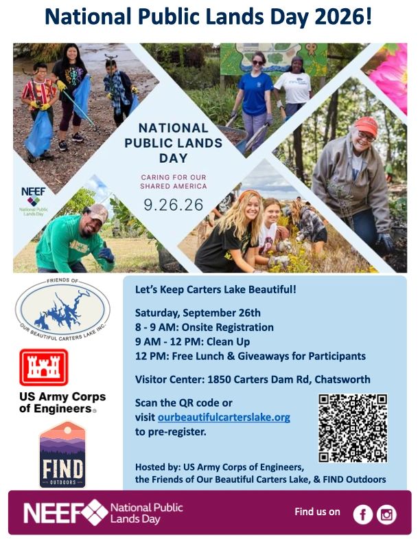 Event poster for National Public Lands Day 2026 at Carters Lake with cleanup and giveaways.