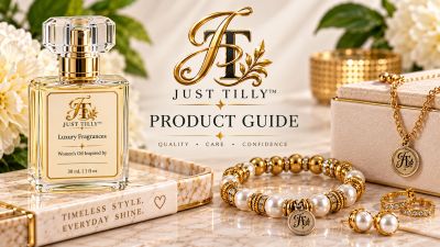 Just Tilly luxury fragrance and jewelry product display.