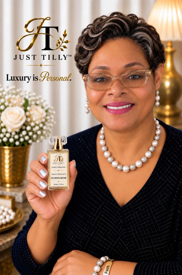 Woman holding Just Tilly luxury fragrance bottle, smiling.