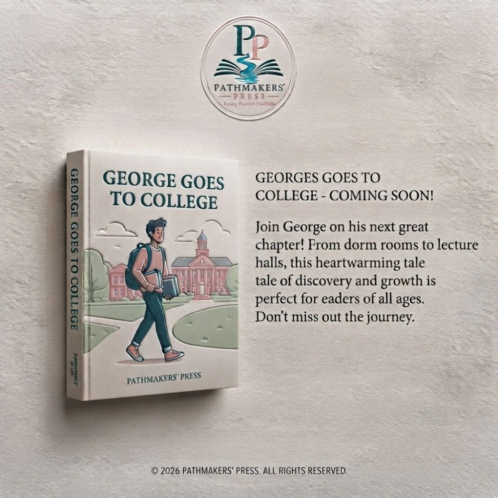 Book cover and announcement for "George Goes to College" by Pathmakers' Press.