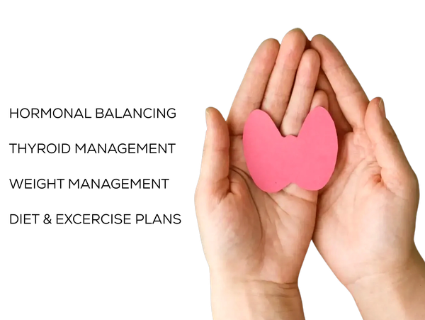A pair of white hands holding a cut-out shape of a pink thyroid. Next to this photo, text reads, Hor