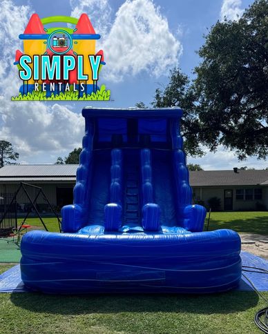 Blue inflatable water slide in backyard with Simply Rentals logo.