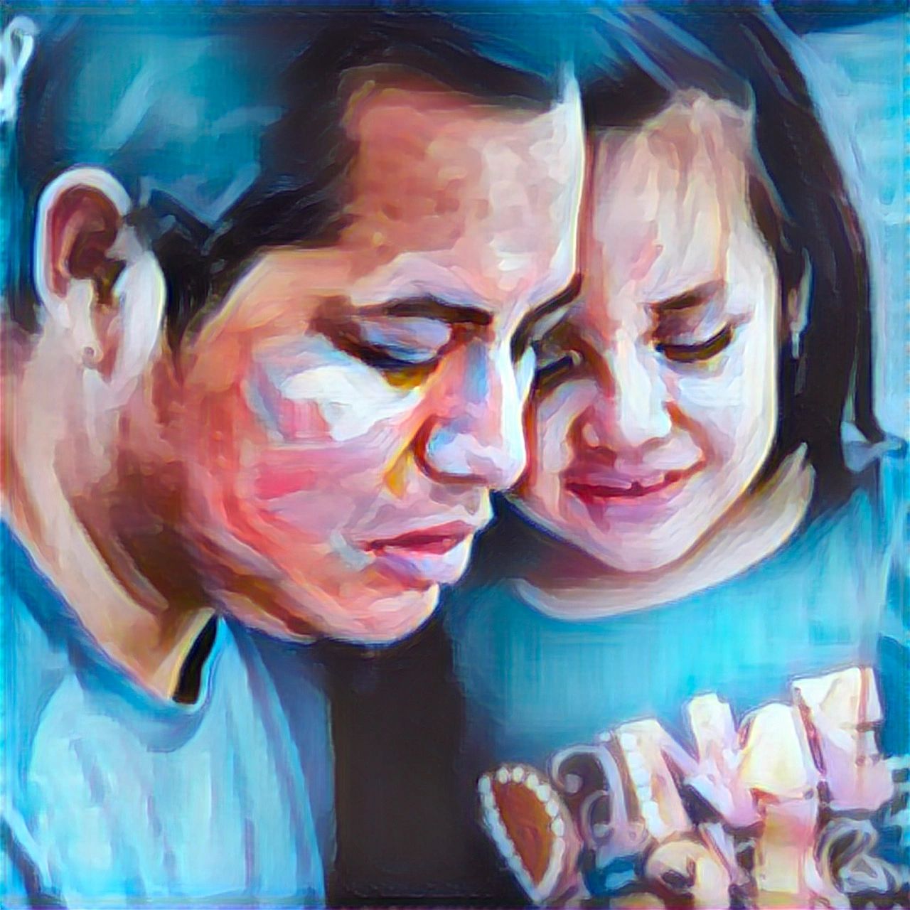 Close-up painting of a woman and child sharing a tender moment.