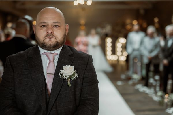 Groom crying in wedding ceremony  at Cockliffe Country House, Nottingham