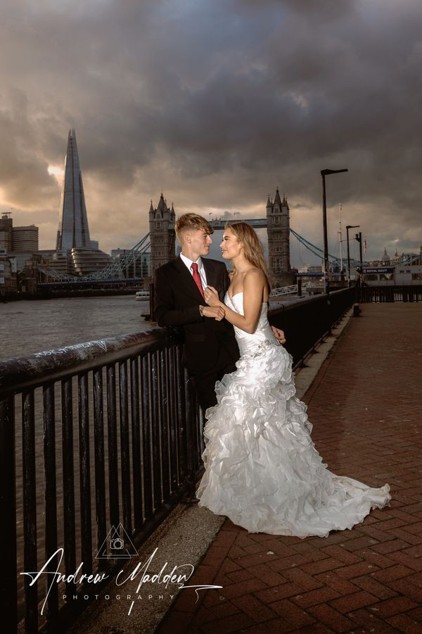 Happy Bride & Groom at Tower Bridge Sunset, London, Andrew Madden Photography