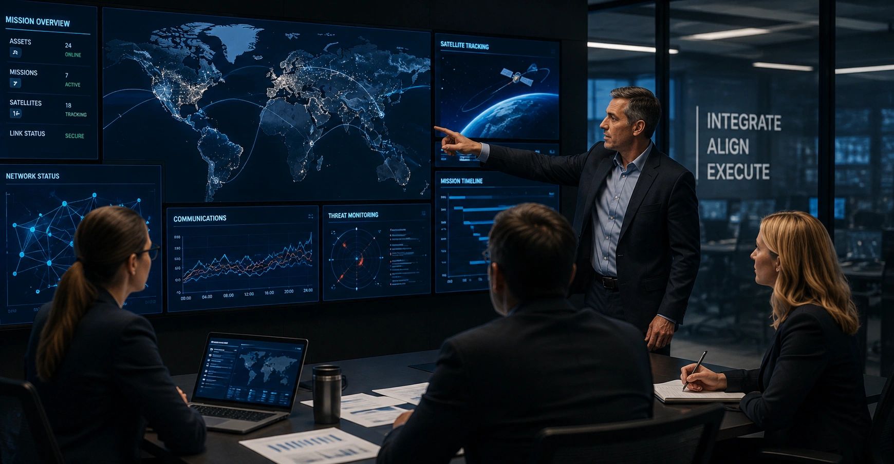Business team analyzing global satellite data in a control room.