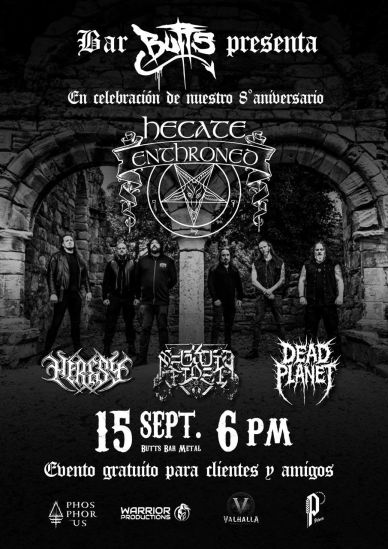 Cartel en blanco y negro de un evento de metal con bandas y fecha.