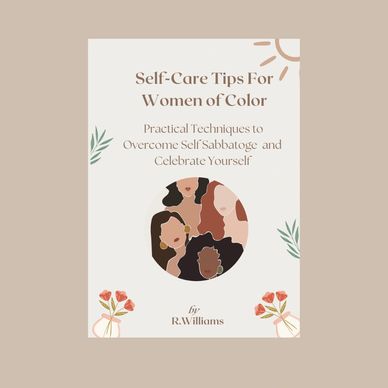 Book cover titled 'Self-Care Tips For Women of Color' by R. Williams with abstract women illustrations.