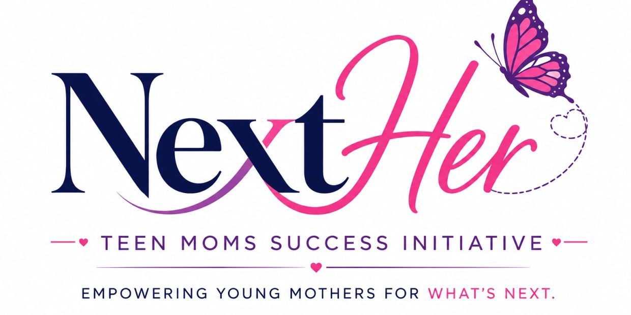 NextHer: Teen Moms Success Initiative logo with a butterfly.