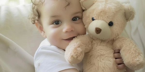 A toddler warmly hugging a beige teddy bear with a happy smile.
