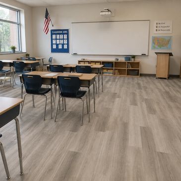 Empty classroom with desks and chairs.