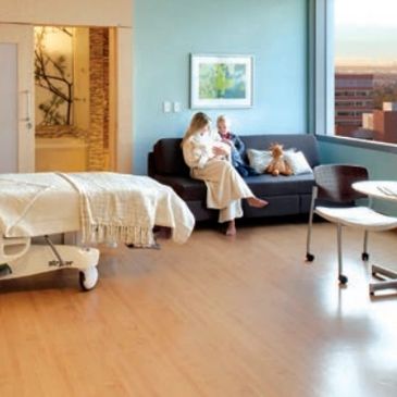 Couple sitting on couch in hospital room with pet dog.