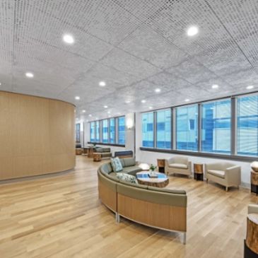 Modern office lounge area with curved seating and large windows.