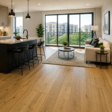 Modern living room and kitchen with large windows.