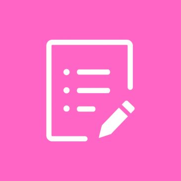 White checklist and pencil icon on a pink background.