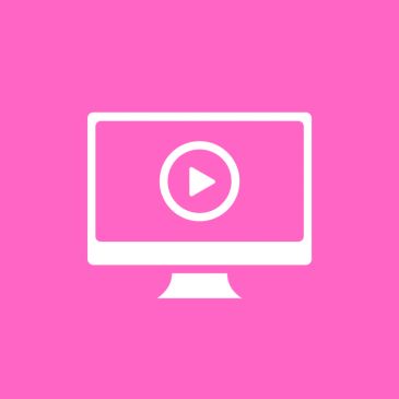 White computer monitor icon with play button on bright pink background.