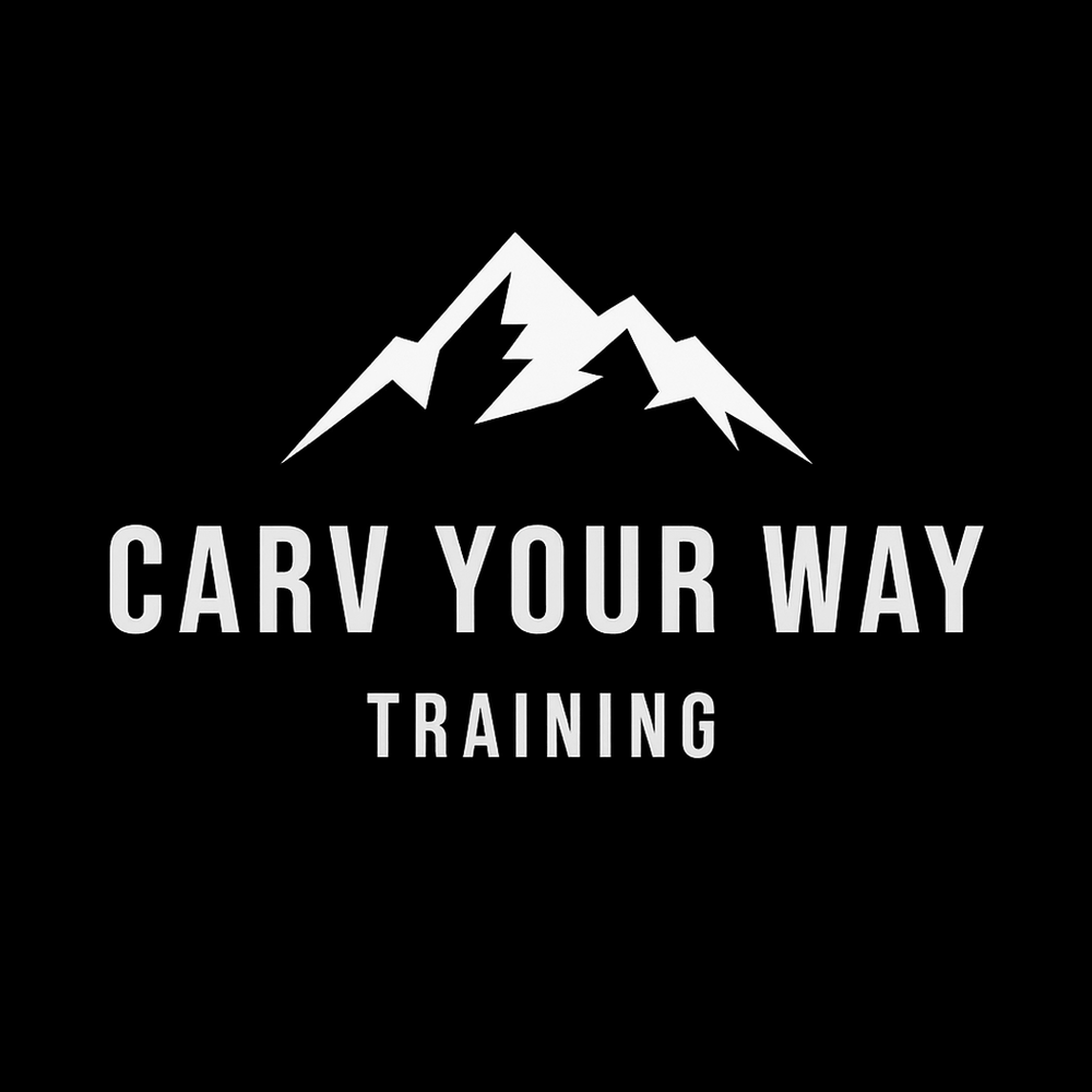 Logo of Carv Your Way Training with mountain graphic.