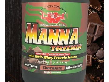 Chocolate flavored Manna Triton whey protein supplement.